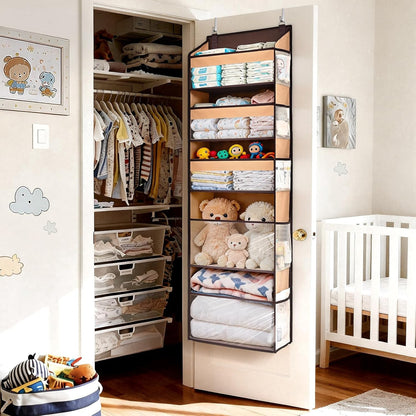6-in-1 Over Door Hanging Organizer with 12 Mesh Pockets, 44 lbs Capacity, Light Brown – Versatile Behind Door Storage for Baby Nursery, Newborn Essentials, Bedroom, Bathroom & Dorm