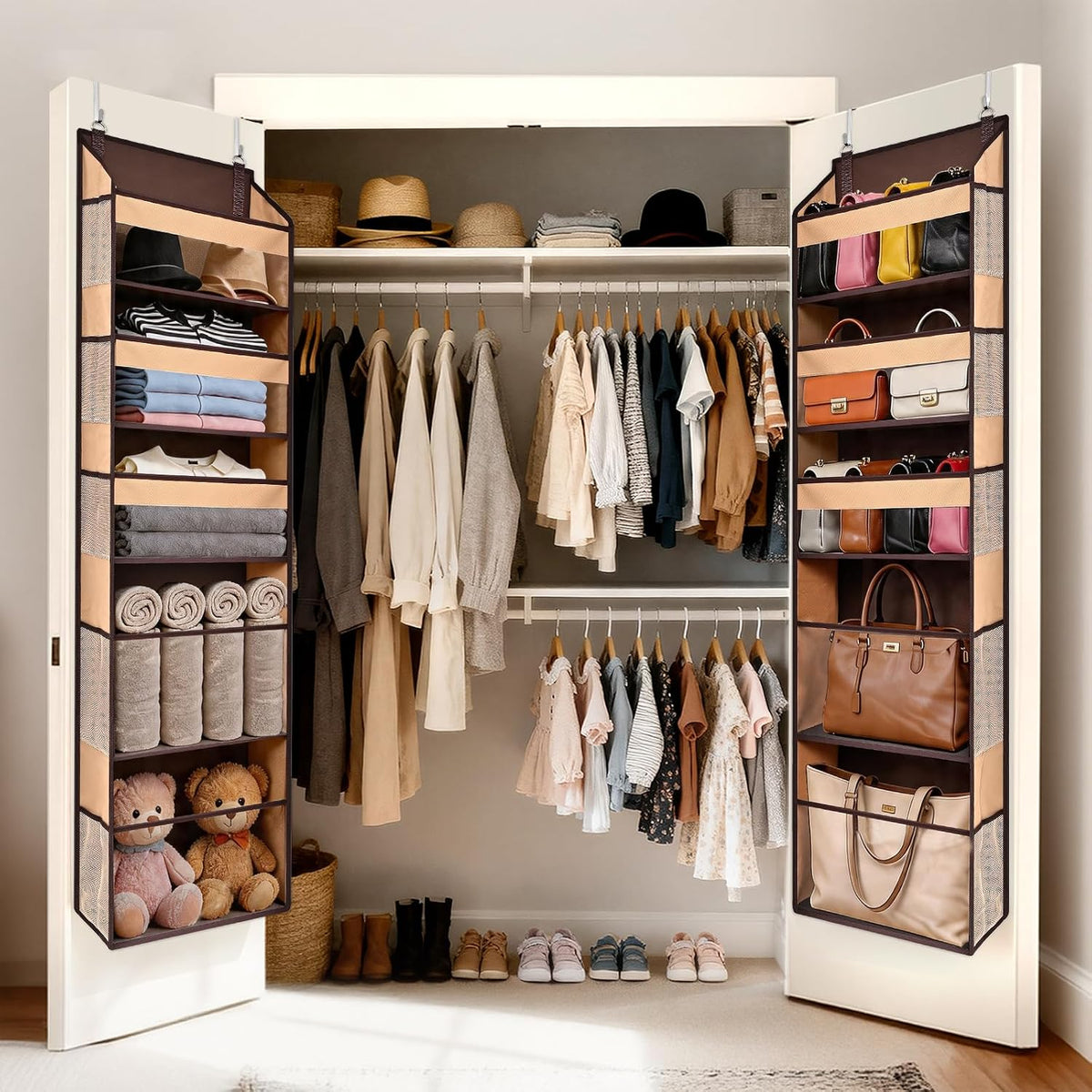 6-in-1 Over Door Hanging Organizer with 12 Mesh Pockets, 44 lbs Capacity, Light Brown – Versatile Behind Door Storage for Baby Nursery, Newborn Essentials, Bedroom, Bathroom & Dorm