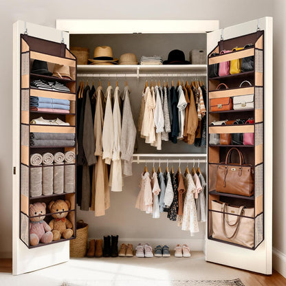 6-in-1 Over Door Hanging Organizer with 12 Mesh Pockets, 44 lbs Capacity, Light Brown – Versatile Behind Door Storage for Baby Nursery, Newborn Essentials, Bedroom, Bathroom & Dorm