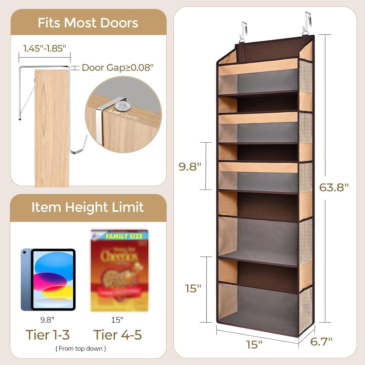 6-in-1 Over Door Hanging Organizer with 12 Mesh Pockets, 44 lbs Capacity, Light Brown – Versatile Behind Door Storage for Baby Nursery, Newborn Essentials, Bedroom, Bathroom & Dorm