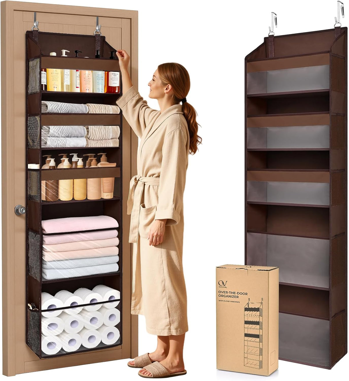 6-in-1 Over Door Hanging Organizer with 12 Mesh Pockets, 44 lbs Capacity, Light Brown – Versatile Behind Door Storage for Baby Nursery, Newborn Essentials, Bedroom, Bathroom & Dorm