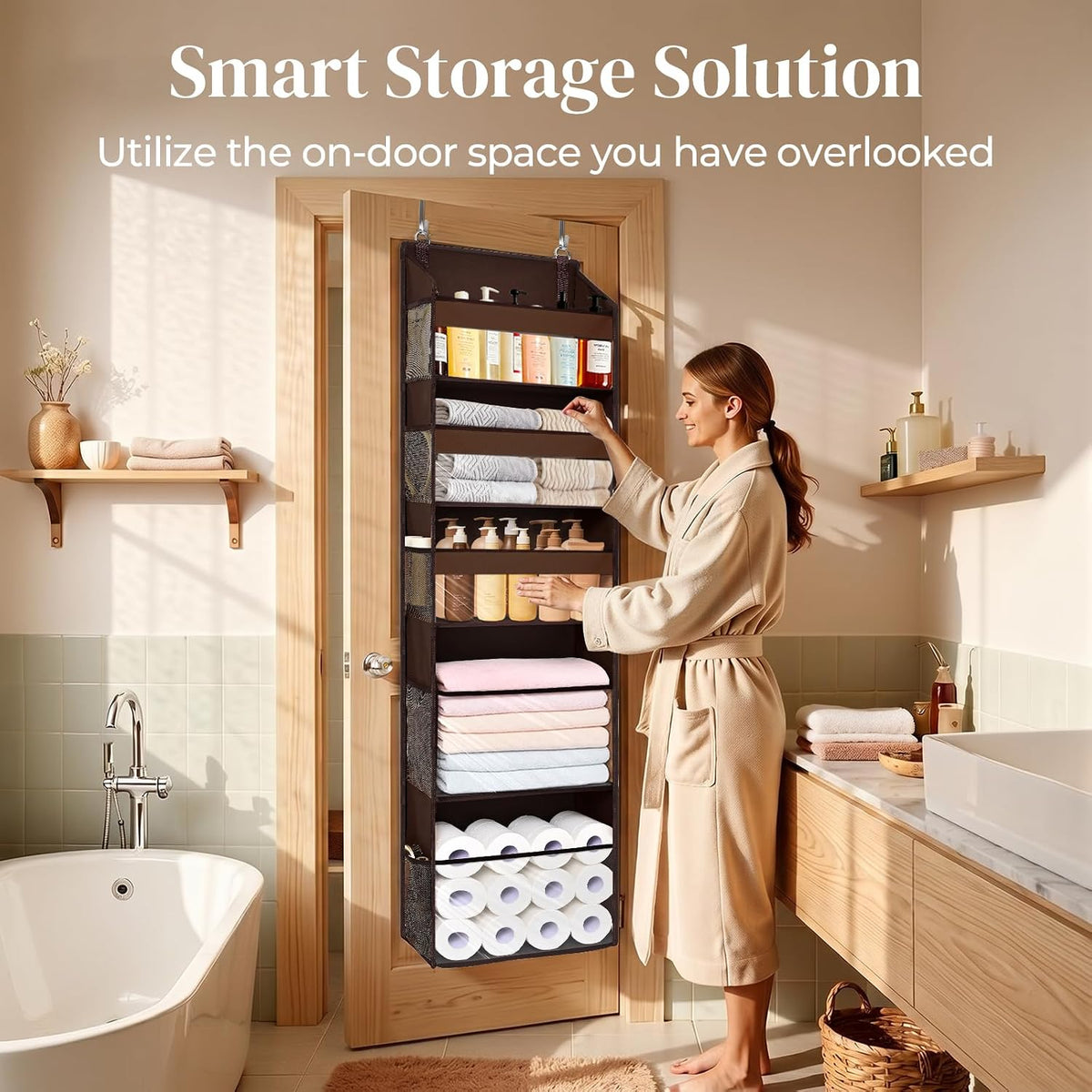 6-in-1 Over Door Hanging Organizer with 12 Mesh Pockets, 44 lbs Capacity, Light Brown – Versatile Behind Door Storage for Baby Nursery, Newborn Essentials, Bedroom, Bathroom & Dorm