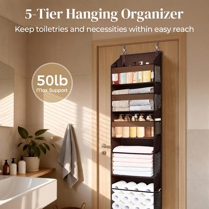 6-in-1 Over Door Hanging Organizer with 12 Mesh Pockets, 44 lbs Capacity, Light Brown – Versatile Behind Door Storage for Baby Nursery, Newborn Essentials, Bedroom, Bathroom & Dorm