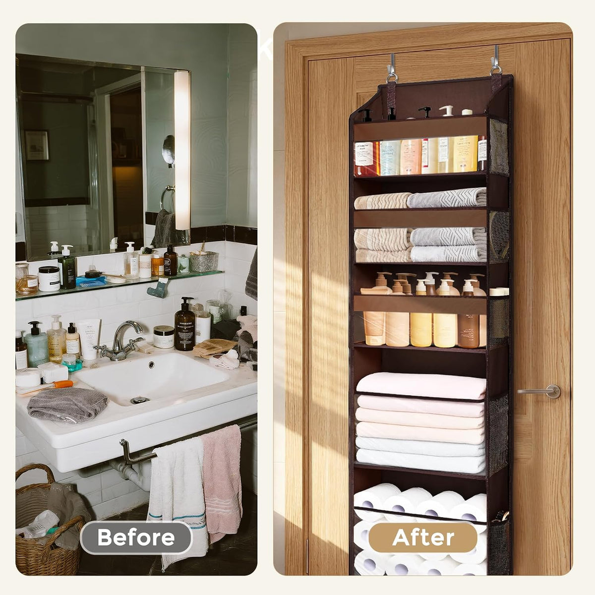 6-in-1 Over Door Hanging Organizer with 12 Mesh Pockets, 44 lbs Capacity, Light Brown – Versatile Behind Door Storage for Baby Nursery, Newborn Essentials, Bedroom, Bathroom & Dorm
