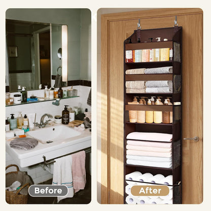 6-in-1 Over Door Hanging Organizer with 12 Mesh Pockets, 44 lbs Capacity, Light Brown – Versatile Behind Door Storage for Baby Nursery, Newborn Essentials, Bedroom, Bathroom & Dorm