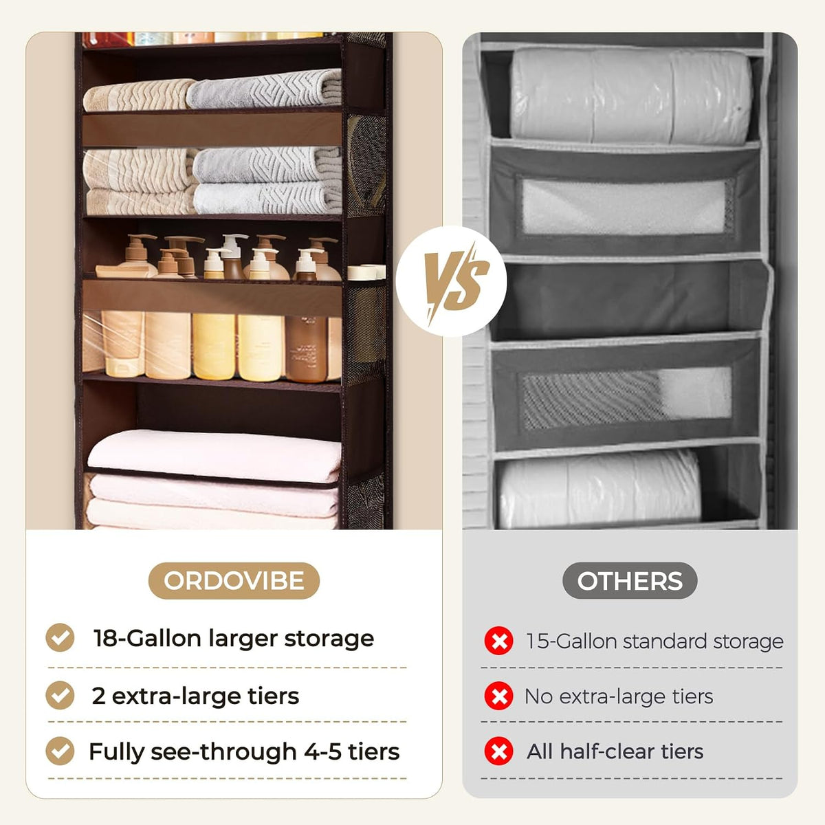 6-in-1 Over Door Hanging Organizer with 12 Mesh Pockets, 44 lbs Capacity, Light Brown – Versatile Behind Door Storage for Baby Nursery, Newborn Essentials, Bedroom, Bathroom & Dorm