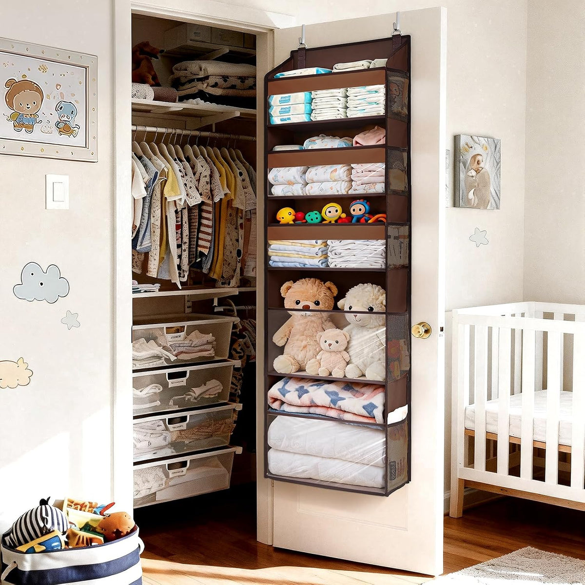 6-in-1 Over Door Hanging Organizer with 12 Mesh Pockets, 44 lbs Capacity, Light Brown – Versatile Behind Door Storage for Baby Nursery, Newborn Essentials, Bedroom, Bathroom & Dorm