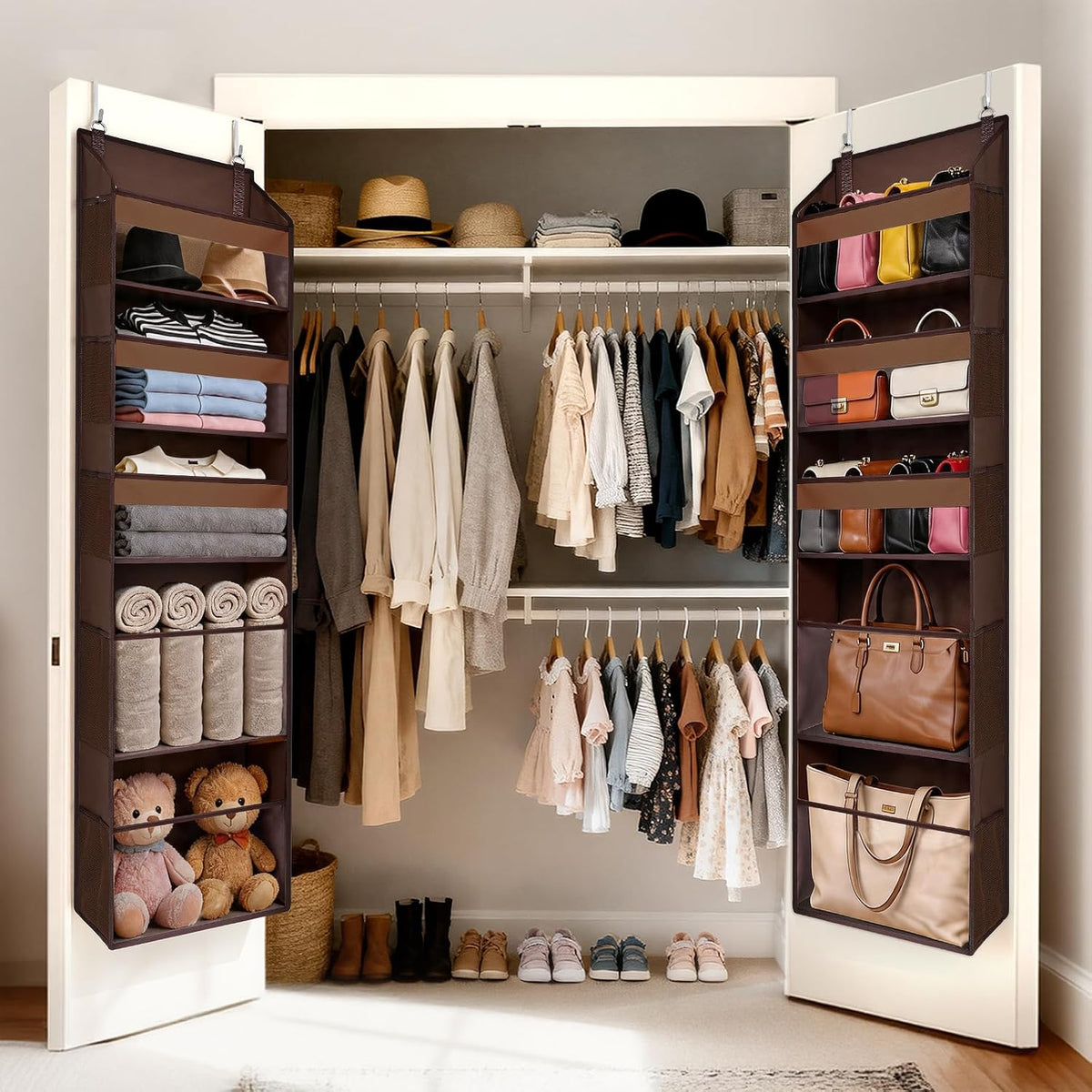 6-in-1 Over Door Hanging Organizer with 12 Mesh Pockets, 44 lbs Capacity, Light Brown – Versatile Behind Door Storage for Baby Nursery, Newborn Essentials, Bedroom, Bathroom & Dorm