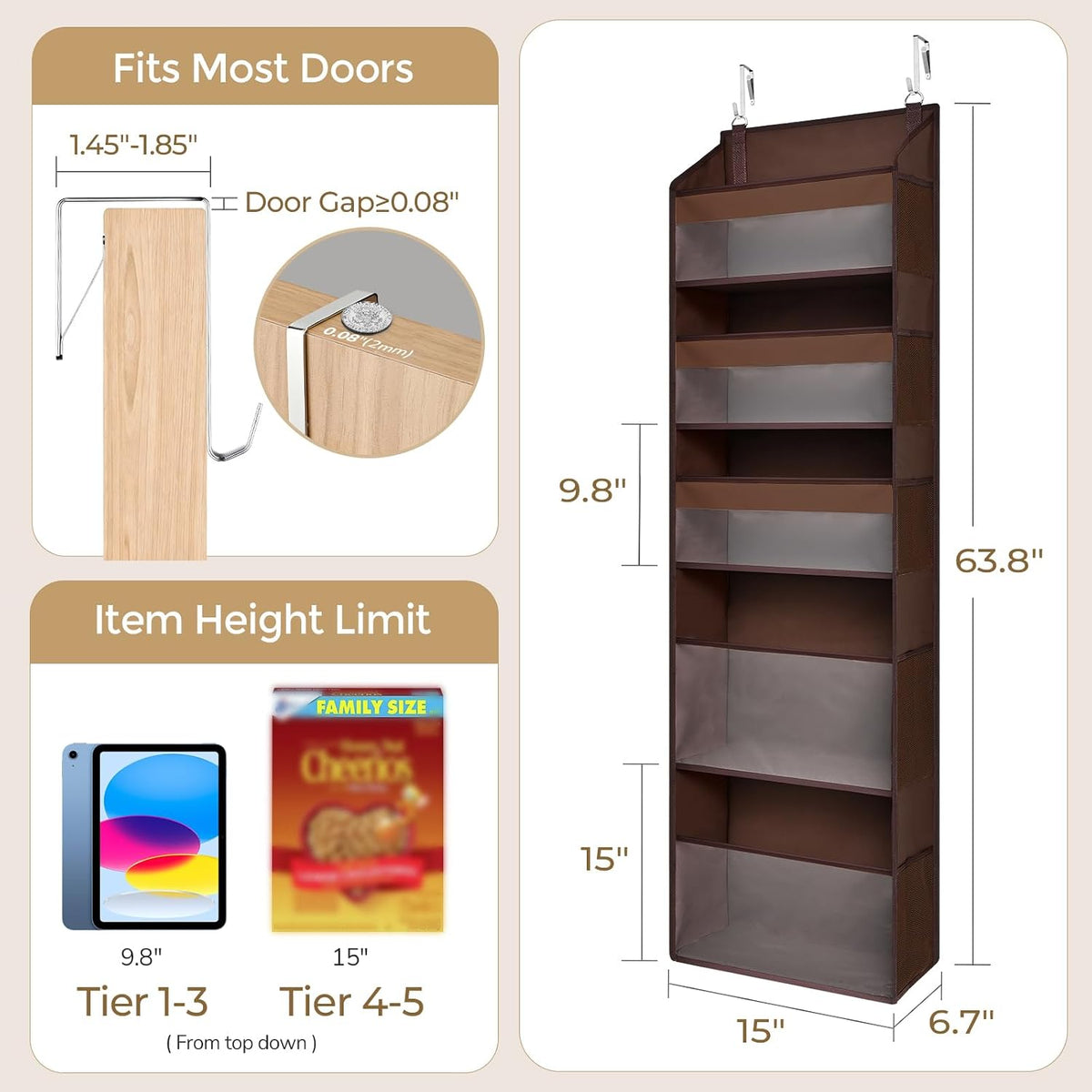 6-in-1 Over Door Hanging Organizer with 12 Mesh Pockets, 44 lbs Capacity, Light Brown – Versatile Behind Door Storage for Baby Nursery, Newborn Essentials, Bedroom, Bathroom & Dorm