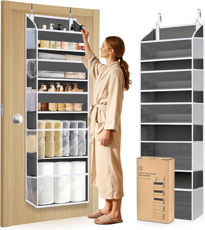 6-in-1 Over Door Hanging Organizer with 12 Mesh Pockets, 44 lbs Capacity, Light Brown – Versatile Behind Door Storage for Baby Nursery, Newborn Essentials, Bedroom, Bathroom & Dorm