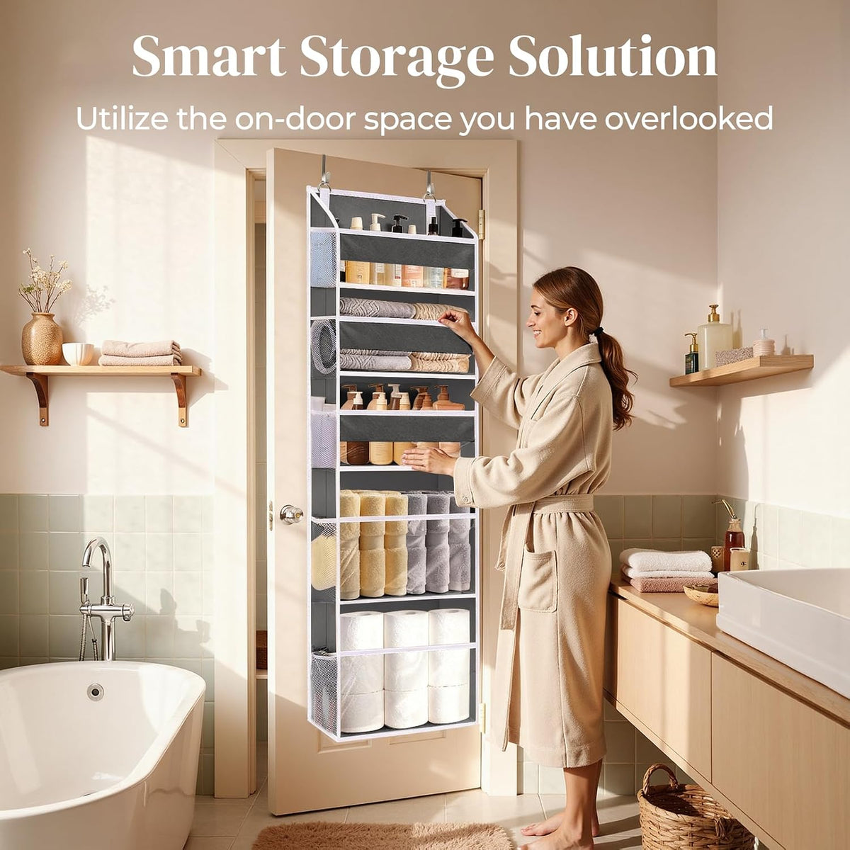 6-in-1 Over Door Hanging Organizer with 12 Mesh Pockets, 44 lbs Capacity, Light Brown – Versatile Behind Door Storage for Baby Nursery, Newborn Essentials, Bedroom, Bathroom & Dorm