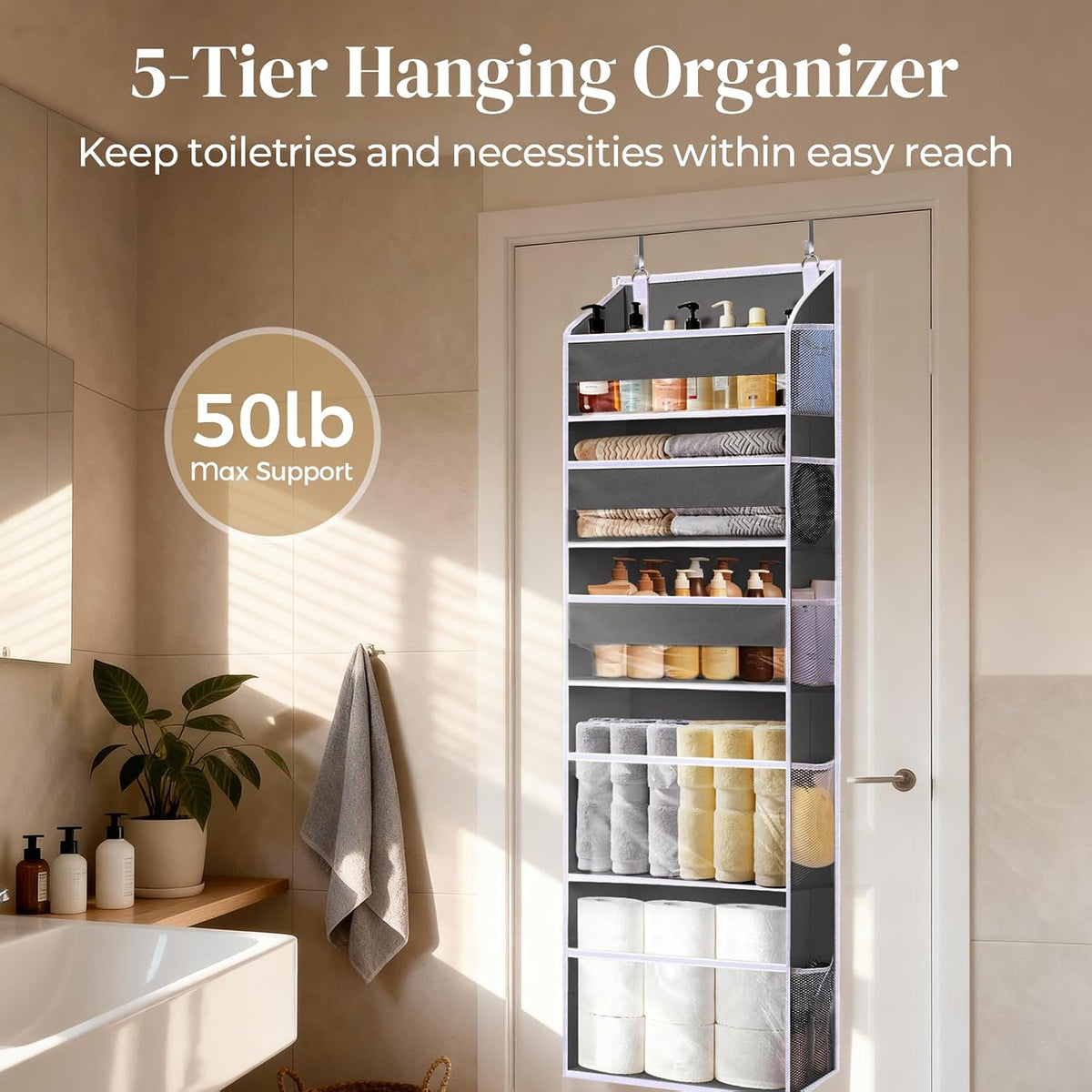 6-in-1 Over Door Hanging Organizer with 12 Mesh Pockets, 44 lbs Capacity, Light Brown – Versatile Behind Door Storage for Baby Nursery, Newborn Essentials, Bedroom, Bathroom & Dorm