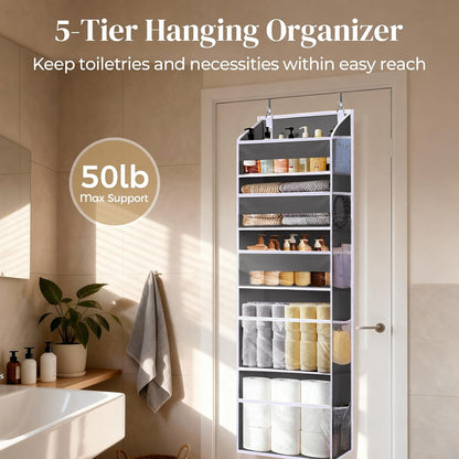 6-in-1 Over Door Hanging Organizer with 12 Mesh Pockets, 44 lbs Capacity, Light Brown – Versatile Behind Door Storage for Baby Nursery, Newborn Essentials, Bedroom, Bathroom & Dorm