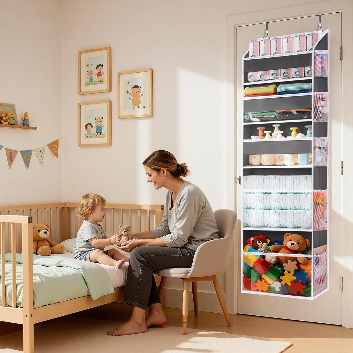 6-in-1 Over Door Hanging Organizer with 12 Mesh Pockets, 44 lbs Capacity, Light Brown – Versatile Behind Door Storage for Baby Nursery, Newborn Essentials, Bedroom, Bathroom & Dorm