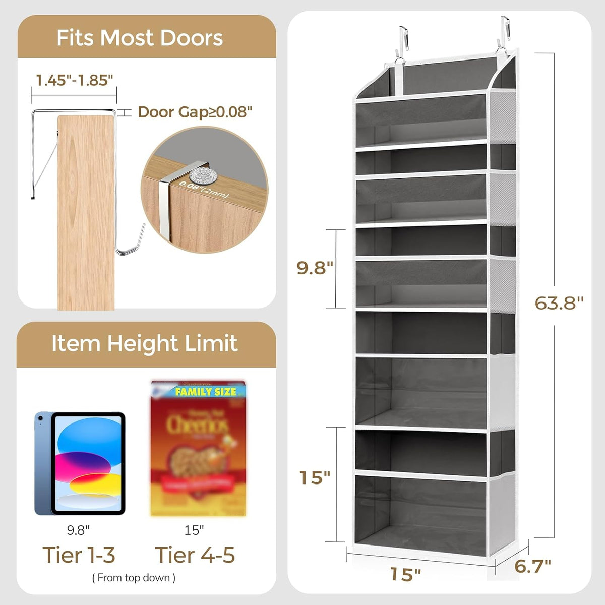 6-in-1 Over Door Hanging Organizer with 12 Mesh Pockets, 44 lbs Capacity, Light Brown – Versatile Behind Door Storage for Baby Nursery, Newborn Essentials, Bedroom, Bathroom & Dorm