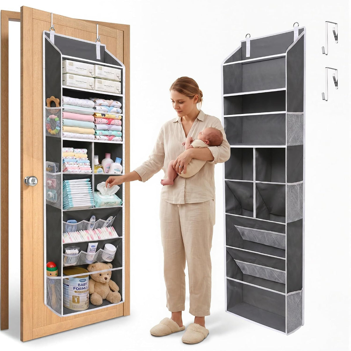 6-in-1 Over Door Hanging Organizer with 12 Mesh Pockets, 44 lbs Capacity, Light Brown – Versatile Behind Door Storage for Baby Nursery, Newborn Essentials, Bedroom, Bathroom & Dorm