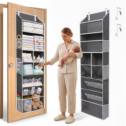 6-in-1 Over Door Hanging Organizer with 12 Mesh Pockets, 44 lbs Capacity, Light Brown – Versatile Behind Door Storage for Baby Nursery, Newborn Essentials, Bedroom, Bathroom & Dorm