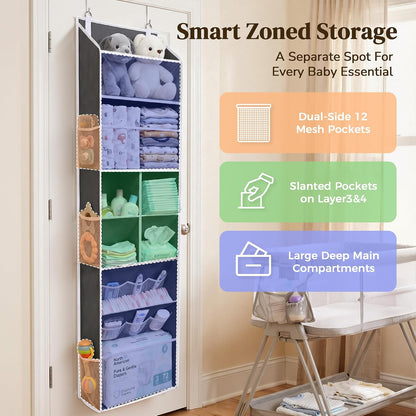 6-in-1 Over Door Hanging Organizer with 12 Mesh Pockets, 44 lbs Capacity, Light Brown – Versatile Behind Door Storage for Baby Nursery, Newborn Essentials, Bedroom, Bathroom & Dorm