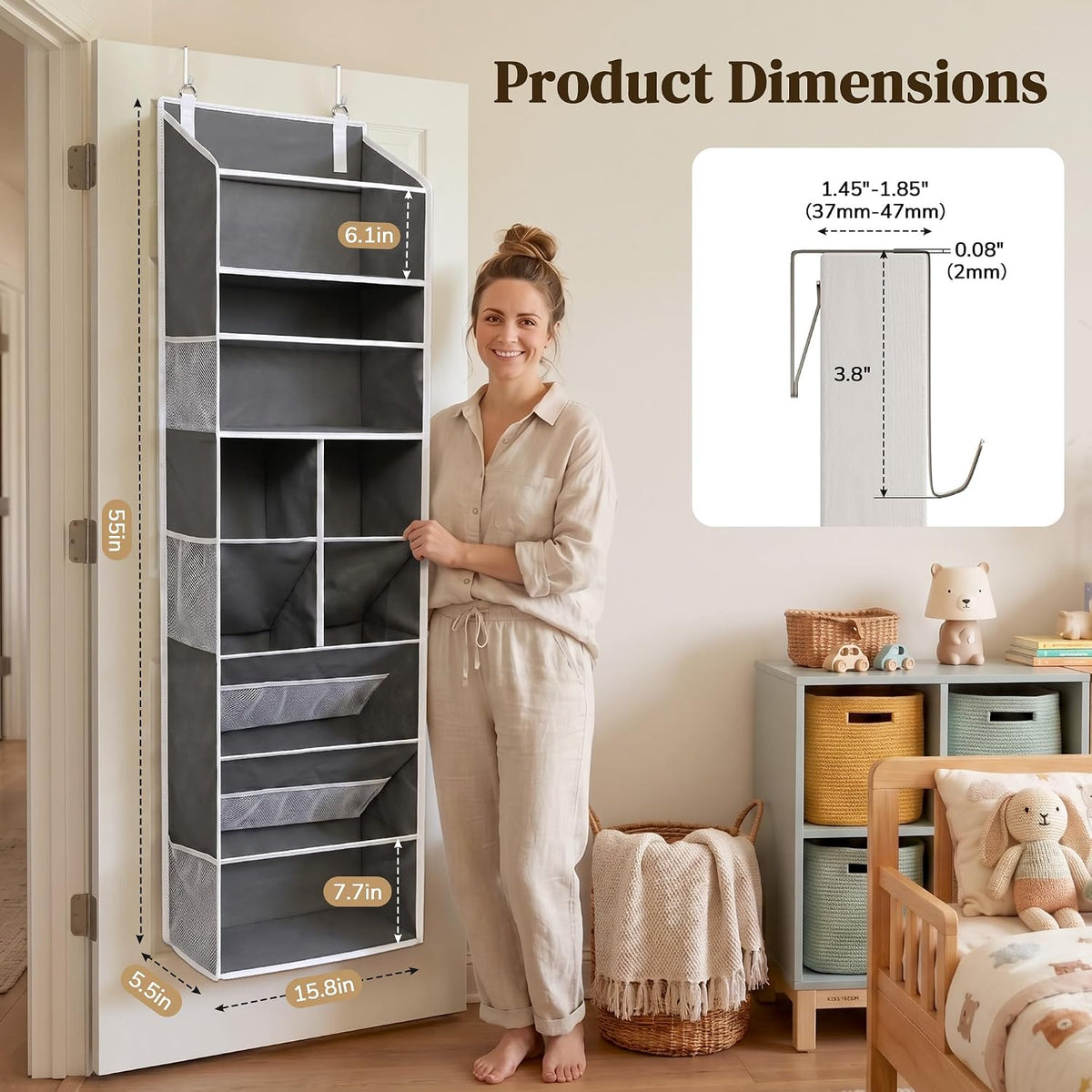 6-in-1 Over Door Hanging Organizer with 12 Mesh Pockets, 44 lbs Capacity, Light Brown – Versatile Behind Door Storage for Baby Nursery, Newborn Essentials, Bedroom, Bathroom & Dorm