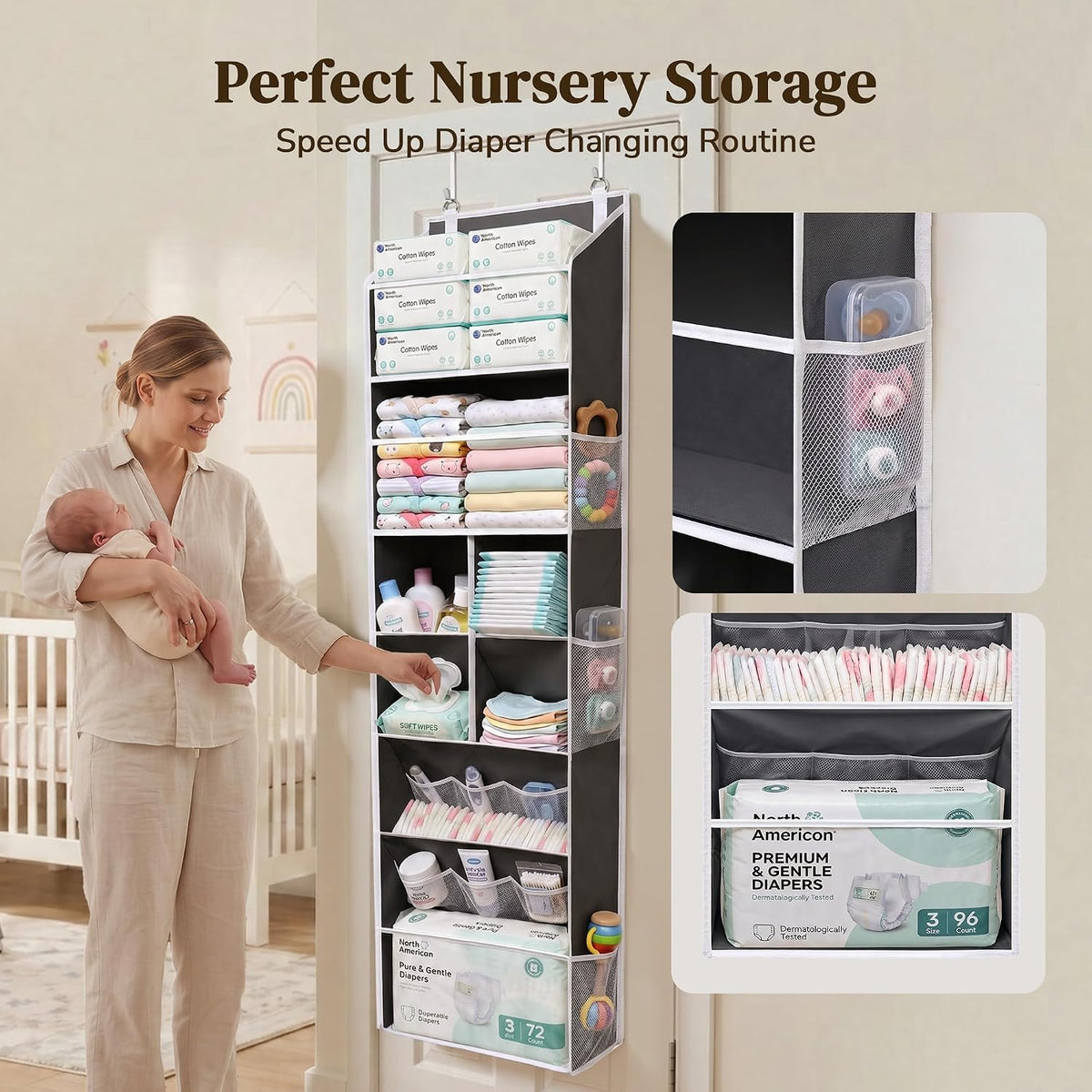 6-in-1 Over Door Hanging Organizer with 12 Mesh Pockets, 44 lbs Capacity, Light Brown – Versatile Behind Door Storage for Baby Nursery, Newborn Essentials, Bedroom, Bathroom & Dorm