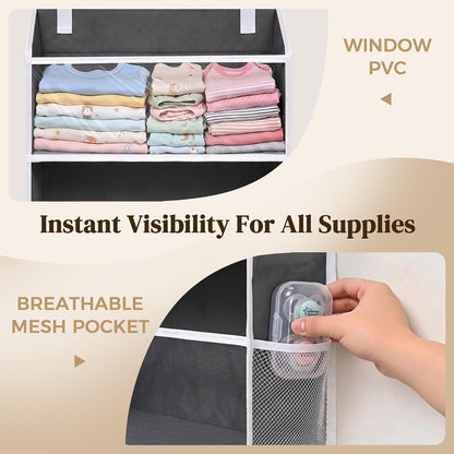 6-in-1 Over Door Hanging Organizer with 12 Mesh Pockets, 44 lbs Capacity, Light Brown – Versatile Behind Door Storage for Baby Nursery, Newborn Essentials, Bedroom, Bathroom & Dorm