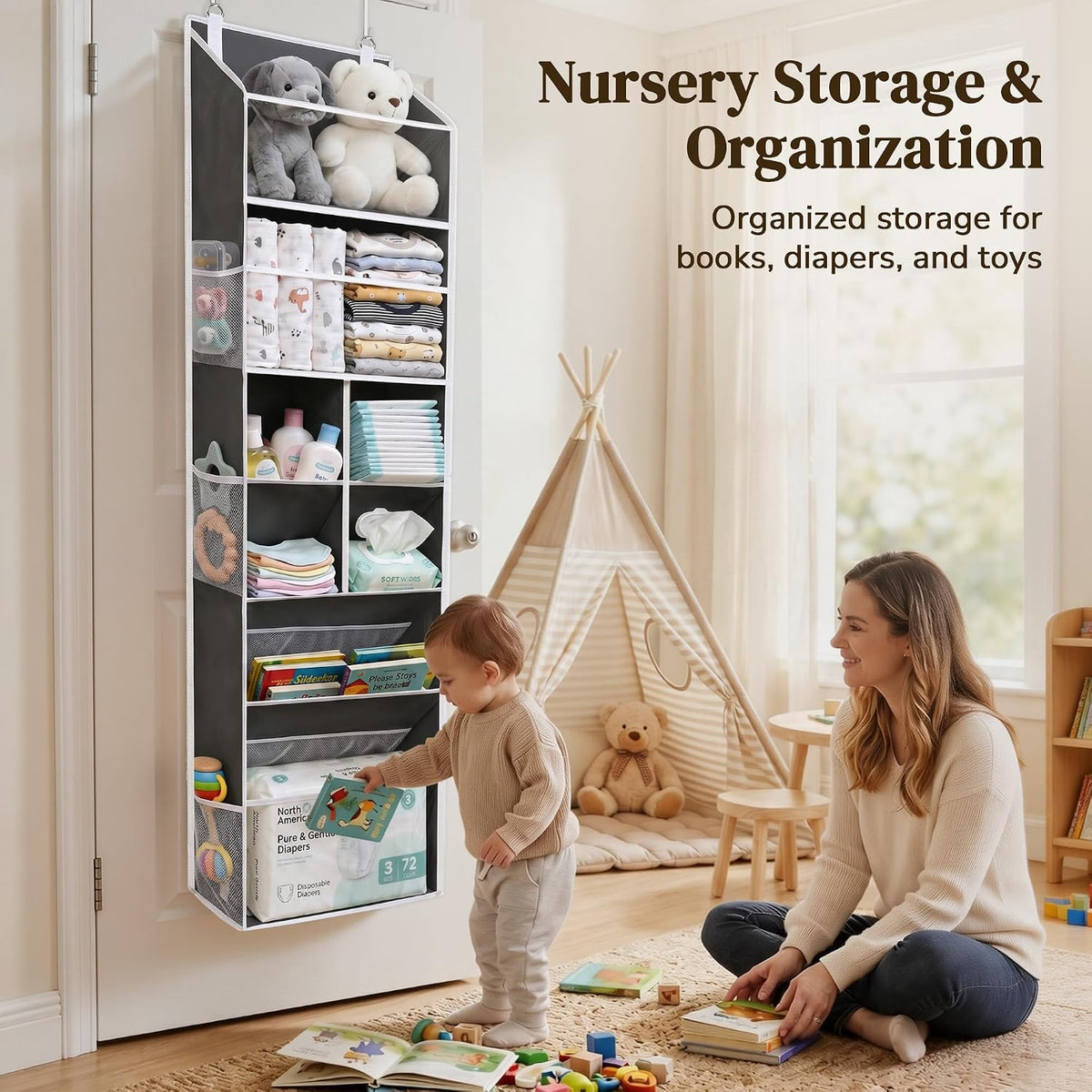 6-in-1 Over Door Hanging Organizer with 12 Mesh Pockets, 44 lbs Capacity, Light Brown – Versatile Behind Door Storage for Baby Nursery, Newborn Essentials, Bedroom, Bathroom & Dorm