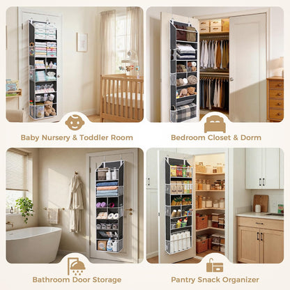 6-in-1 Over Door Hanging Organizer with 12 Mesh Pockets, 44 lbs Capacity, Light Brown – Versatile Behind Door Storage for Baby Nursery, Newborn Essentials, Bedroom, Bathroom & Dorm