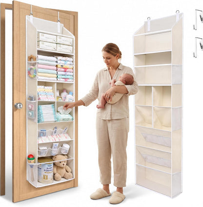 6-in-1 Over Door Hanging Organizer with 12 Mesh Pockets, 44 lbs Capacity, Light Brown – Versatile Behind Door Storage for Baby Nursery, Newborn Essentials, Bedroom, Bathroom & Dorm