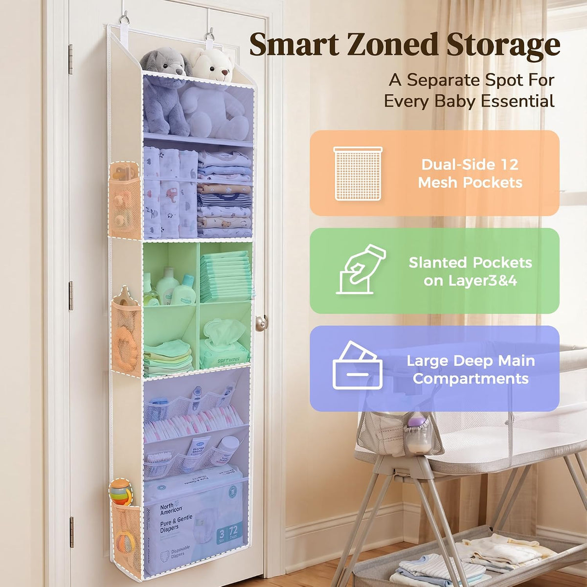 6-in-1 Over Door Hanging Organizer with 12 Mesh Pockets, 44 lbs Capacity, Light Brown – Versatile Behind Door Storage for Baby Nursery, Newborn Essentials, Bedroom, Bathroom & Dorm