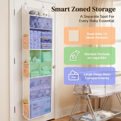 6-in-1 Over Door Hanging Organizer with 12 Mesh Pockets, 44 lbs Capacity, Light Brown – Versatile Behind Door Storage for Baby Nursery, Newborn Essentials, Bedroom, Bathroom & Dorm