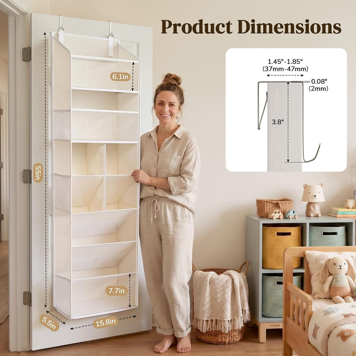 6-in-1 Over Door Hanging Organizer with 12 Mesh Pockets, 44 lbs Capacity, Light Brown – Versatile Behind Door Storage for Baby Nursery, Newborn Essentials, Bedroom, Bathroom & Dorm
