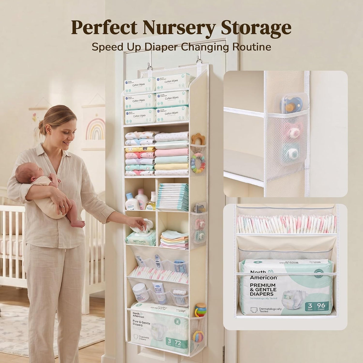 6-in-1 Over Door Hanging Organizer with 12 Mesh Pockets, 44 lbs Capacity, Light Brown – Versatile Behind Door Storage for Baby Nursery, Newborn Essentials, Bedroom, Bathroom & Dorm