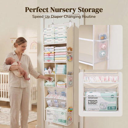 6-in-1 Over Door Hanging Organizer with 12 Mesh Pockets, 44 lbs Capacity, Light Brown – Versatile Behind Door Storage for Baby Nursery, Newborn Essentials, Bedroom, Bathroom & Dorm