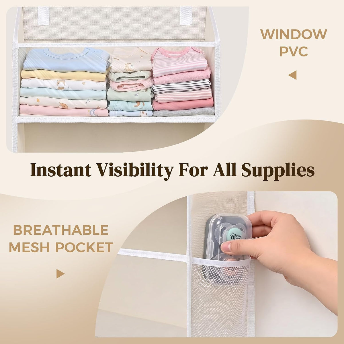 6-in-1 Over Door Hanging Organizer with 12 Mesh Pockets, 44 lbs Capacity, Light Brown – Versatile Behind Door Storage for Baby Nursery, Newborn Essentials, Bedroom, Bathroom & Dorm