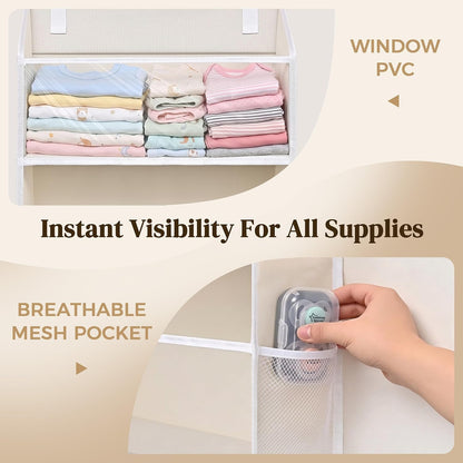 6-in-1 Over Door Hanging Organizer with 12 Mesh Pockets, 44 lbs Capacity, Light Brown – Versatile Behind Door Storage for Baby Nursery, Newborn Essentials, Bedroom, Bathroom & Dorm