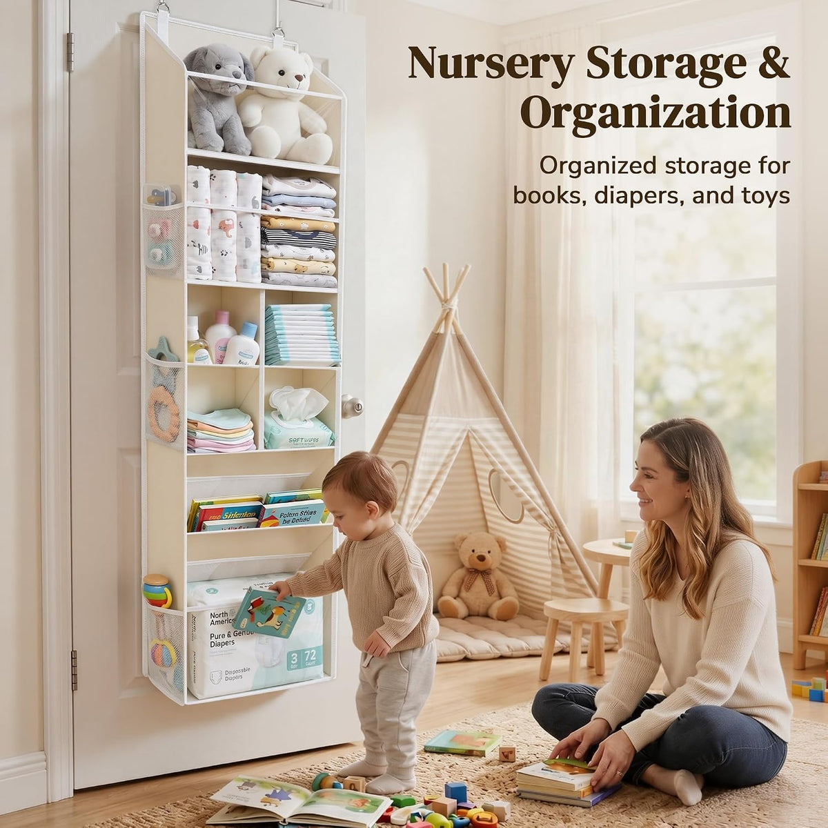 6-in-1 Over Door Hanging Organizer with 12 Mesh Pockets, 44 lbs Capacity, Light Brown – Versatile Behind Door Storage for Baby Nursery, Newborn Essentials, Bedroom, Bathroom & Dorm