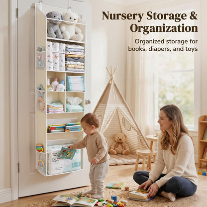 6-in-1 Over Door Hanging Organizer with 12 Mesh Pockets, 44 lbs Capacity, Light Brown – Versatile Behind Door Storage for Baby Nursery, Newborn Essentials, Bedroom, Bathroom & Dorm