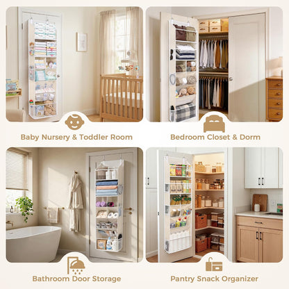 6-in-1 Over Door Hanging Organizer with 12 Mesh Pockets, 44 lbs Capacity, Light Brown – Versatile Behind Door Storage for Baby Nursery, Newborn Essentials, Bedroom, Bathroom & Dorm