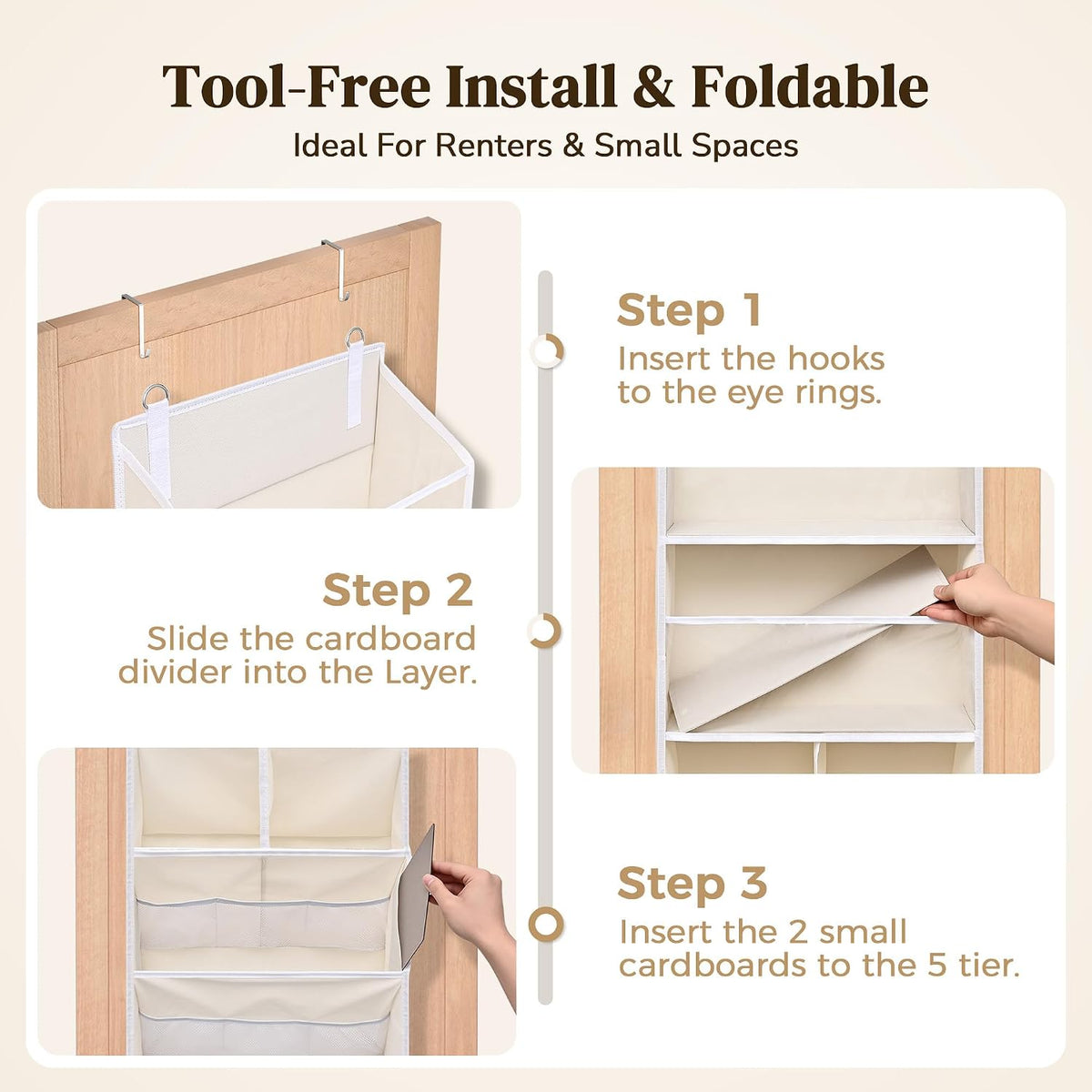 6-in-1 Over Door Hanging Organizer with 12 Mesh Pockets, 44 lbs Capacity, Light Brown – Versatile Behind Door Storage for Baby Nursery, Newborn Essentials, Bedroom, Bathroom & Dorm
