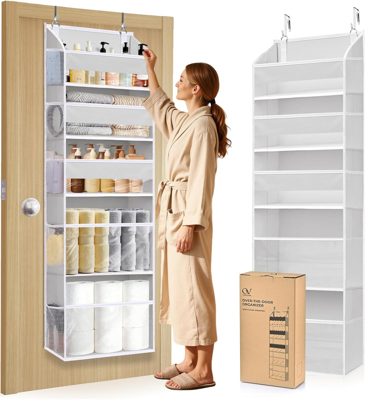 6-in-1 Over Door Hanging Organizer with 12 Mesh Pockets, 44 lbs Capacity, Light Brown – Versatile Behind Door Storage for Baby Nursery, Newborn Essentials, Bedroom, Bathroom & Dorm