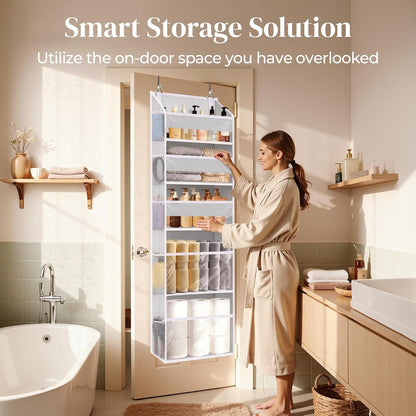 6-in-1 Over Door Hanging Organizer with 12 Mesh Pockets, 44 lbs Capacity, Light Brown – Versatile Behind Door Storage for Baby Nursery, Newborn Essentials, Bedroom, Bathroom & Dorm