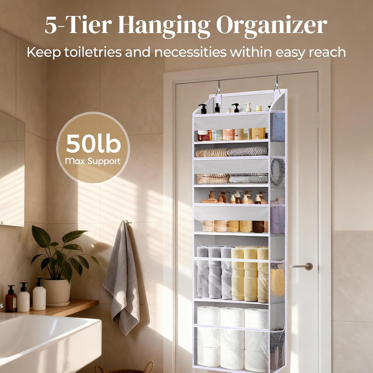 6-in-1 Over Door Hanging Organizer with 12 Mesh Pockets, 44 lbs Capacity, Light Brown – Versatile Behind Door Storage for Baby Nursery, Newborn Essentials, Bedroom, Bathroom & Dorm