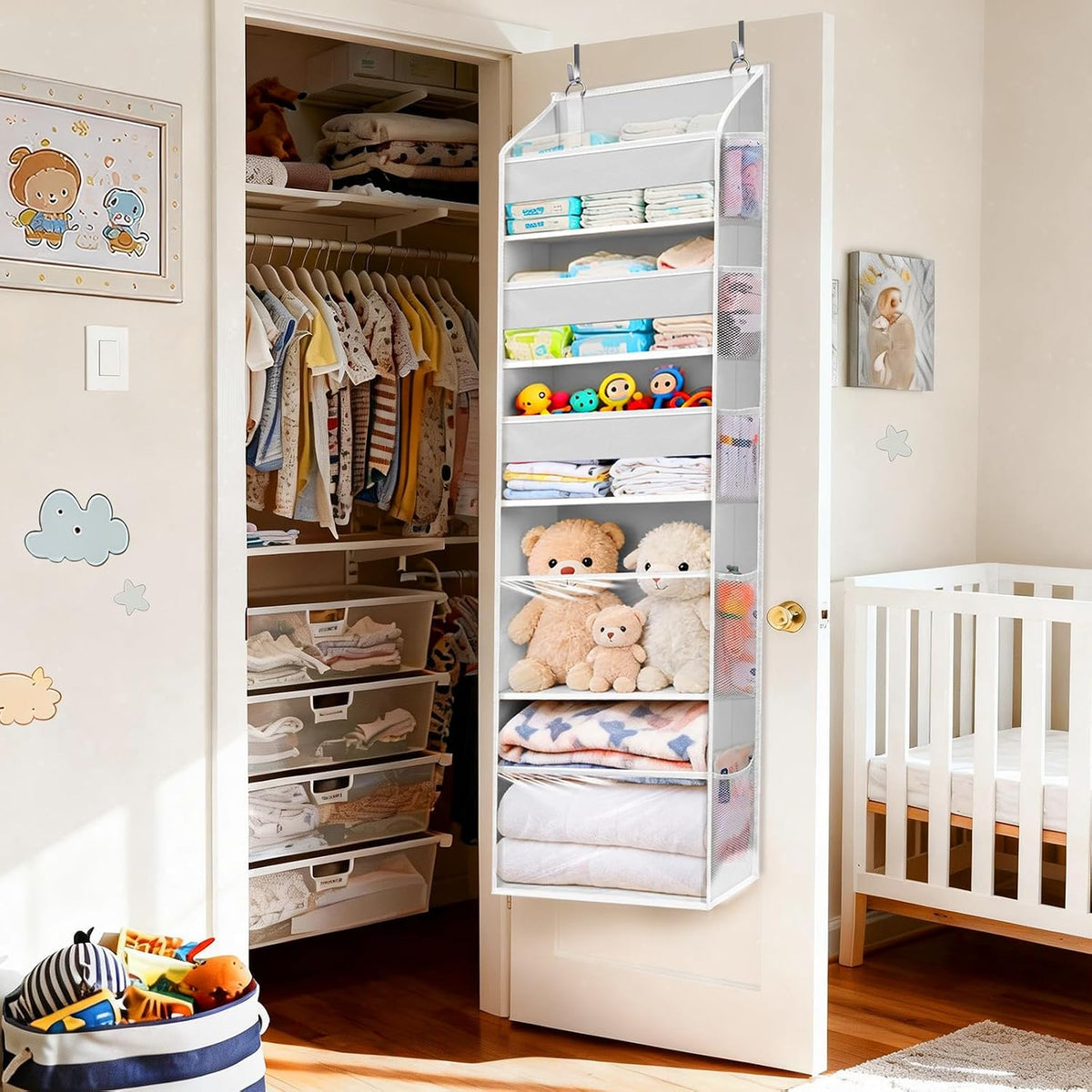 6-in-1 Over Door Hanging Organizer with 12 Mesh Pockets, 44 lbs Capacity, Light Brown – Versatile Behind Door Storage for Baby Nursery, Newborn Essentials, Bedroom, Bathroom & Dorm