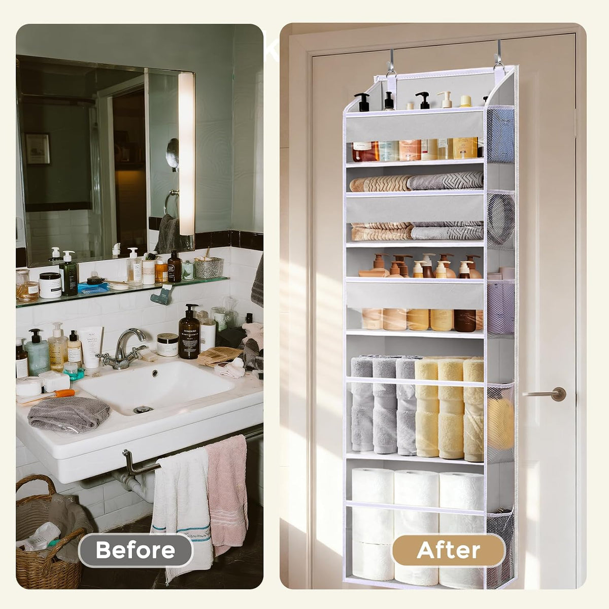 6-in-1 Over Door Hanging Organizer with 12 Mesh Pockets, 44 lbs Capacity, Light Brown – Versatile Behind Door Storage for Baby Nursery, Newborn Essentials, Bedroom, Bathroom & Dorm