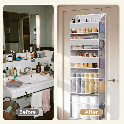 6-in-1 Over Door Hanging Organizer with 12 Mesh Pockets, 44 lbs Capacity, Light Brown – Versatile Behind Door Storage for Baby Nursery, Newborn Essentials, Bedroom, Bathroom & Dorm