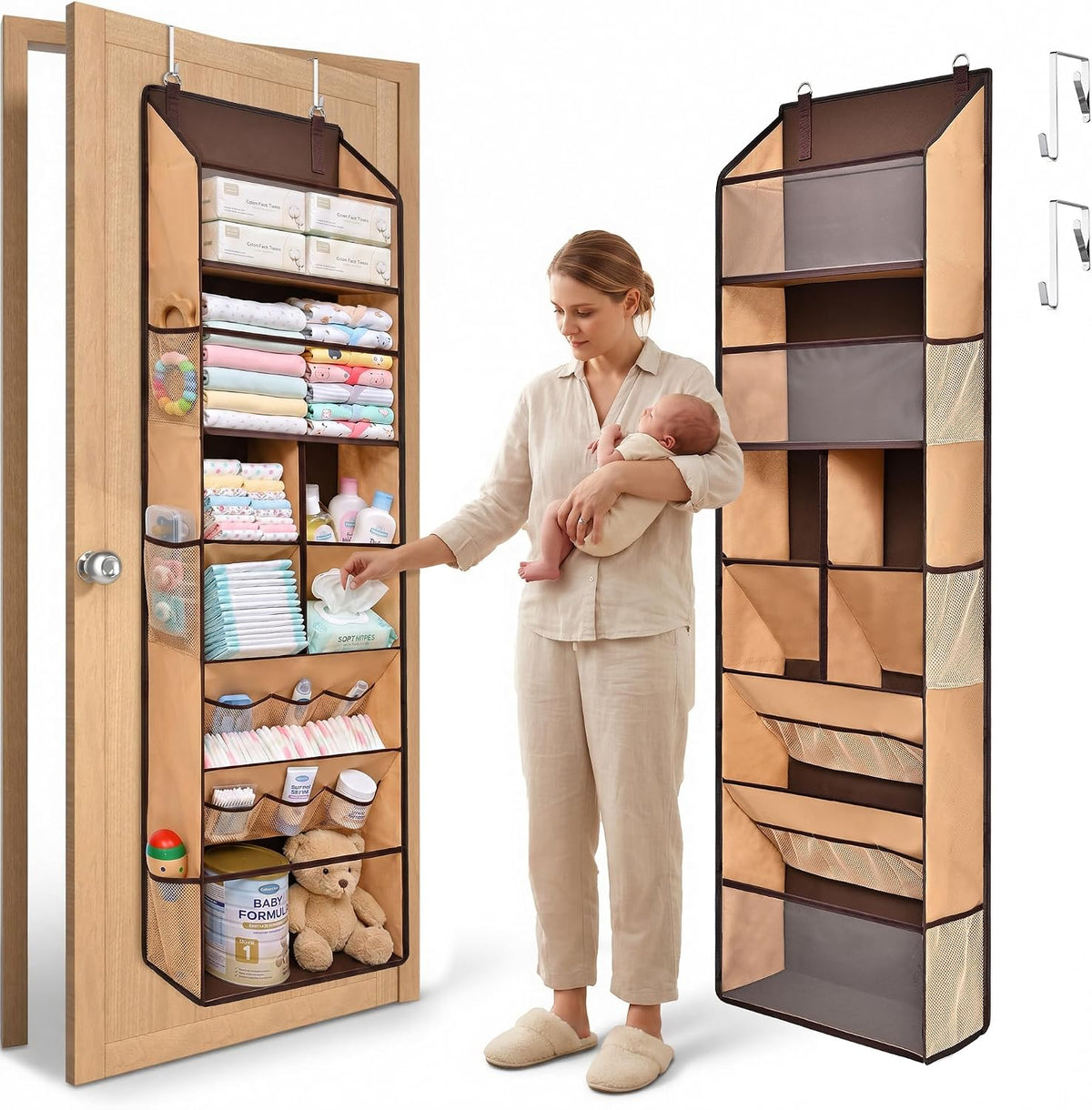 6-in-1 Over Door Hanging Organizer with 12 Mesh Pockets, 44 lbs Capacity, Light Brown – Versatile Behind Door Storage for Baby Nursery, Newborn Essentials, Bedroom, Bathroom & Dorm
