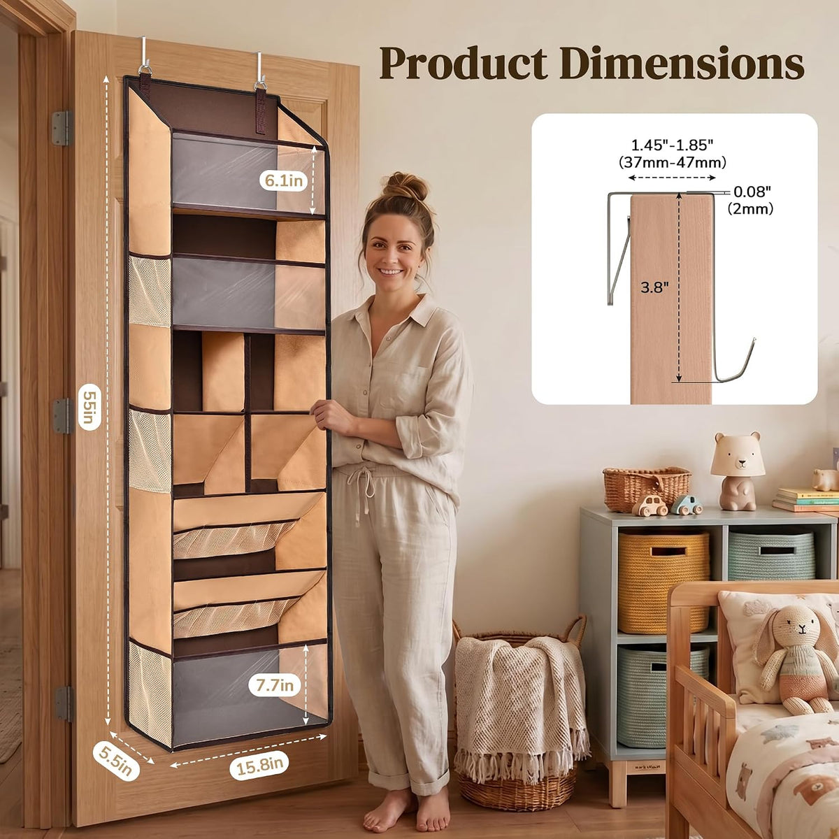 6-in-1 Over Door Hanging Organizer with 12 Mesh Pockets, 44 lbs Capacity, Light Brown – Versatile Behind Door Storage for Baby Nursery, Newborn Essentials, Bedroom, Bathroom & Dorm