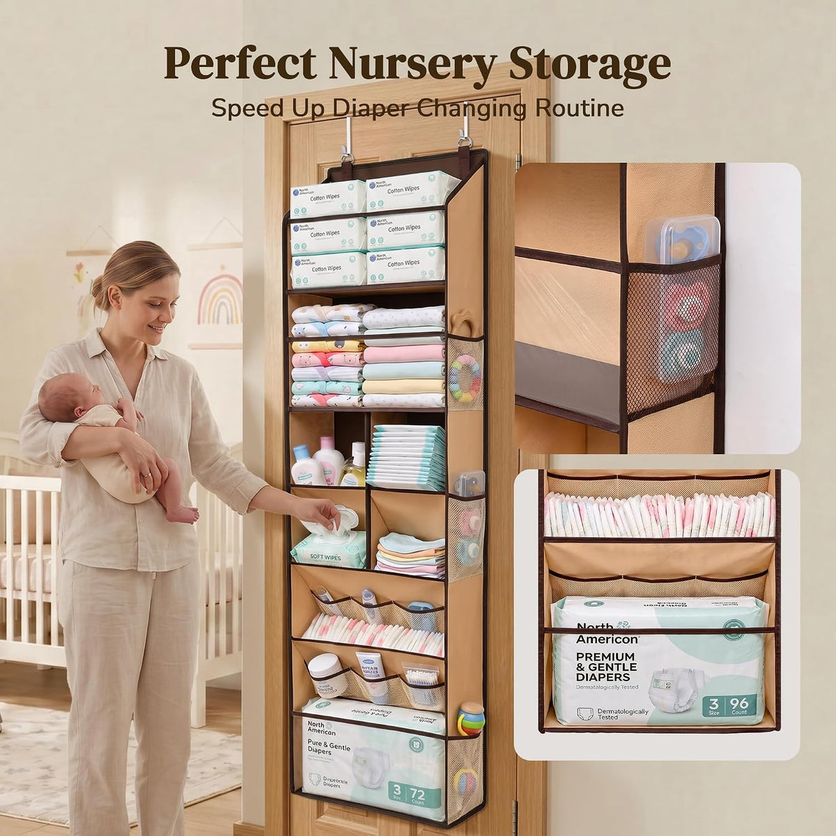 6-in-1 Over Door Hanging Organizer with 12 Mesh Pockets, 44 lbs Capacity, Light Brown – Versatile Behind Door Storage for Baby Nursery, Newborn Essentials, Bedroom, Bathroom & Dorm