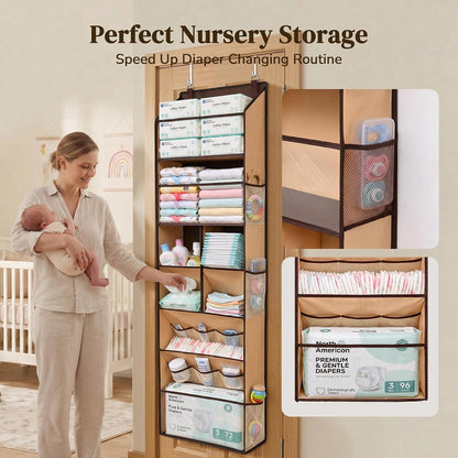6-in-1 Over Door Hanging Organizer with 12 Mesh Pockets, 44 lbs Capacity, Light Brown – Versatile Behind Door Storage for Baby Nursery, Newborn Essentials, Bedroom, Bathroom & Dorm