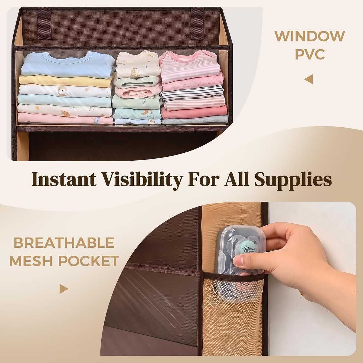 6-in-1 Over Door Hanging Organizer with 12 Mesh Pockets, 44 lbs Capacity, Light Brown – Versatile Behind Door Storage for Baby Nursery, Newborn Essentials, Bedroom, Bathroom & Dorm